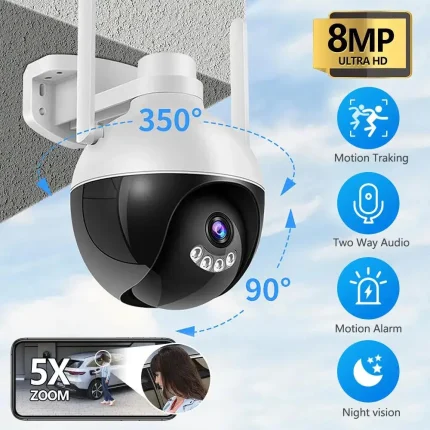 4K 8MP PTZ IP Camera 5xZoom Human Detection Video Surveillance Camera WiFi Outdoor Color Night Vision Security Protection Camera