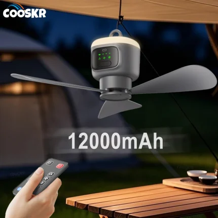 12000mAh Portable Ceiling Fans Outdoor Camping Fan Tent Air Circulator Cooler Rechargeable Electric Fan Remote Control LED Light